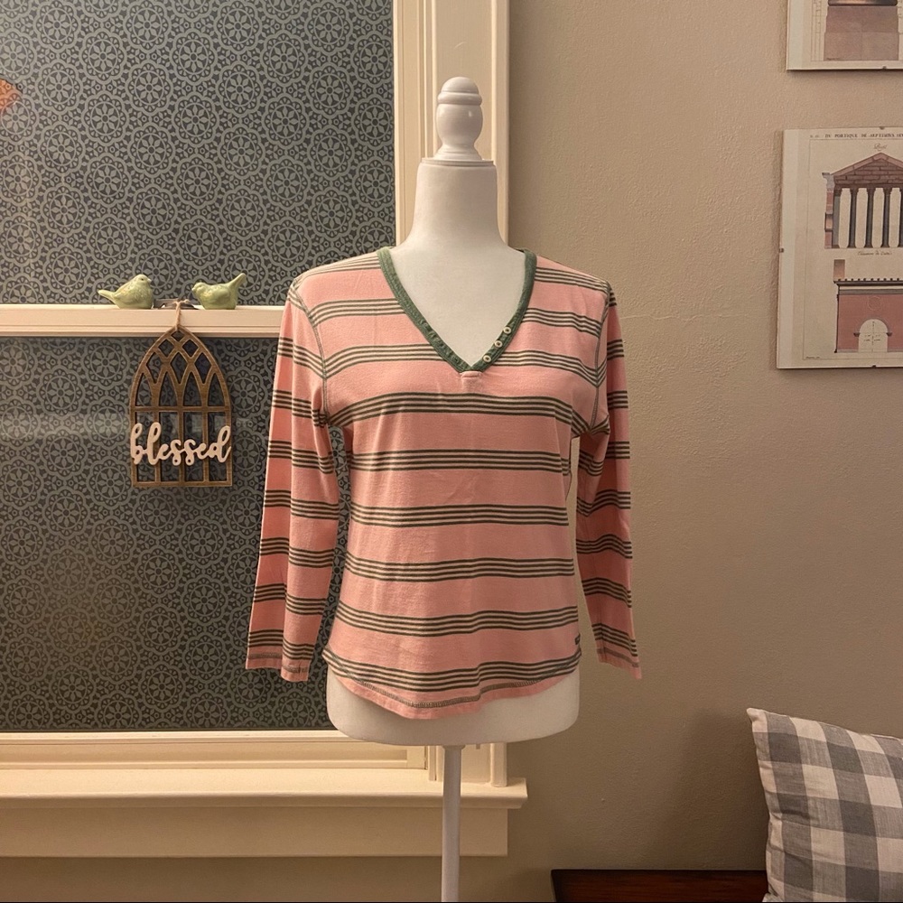 Vintage Preppy American Eagle Pink/Green Stripe Henley Shirt Top L 100% Cotton